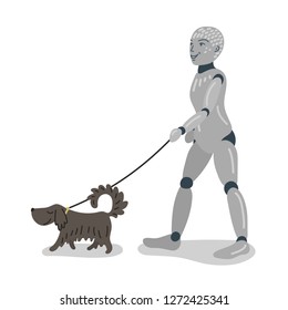 Smart robot walks dog on white background. AI helps take care of pet. Futuristic concept. 