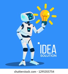 Smart Robot With Yellow Bulb Find An Idea, Solution Vector. RPA Robotic Progress. Isolated Illustration