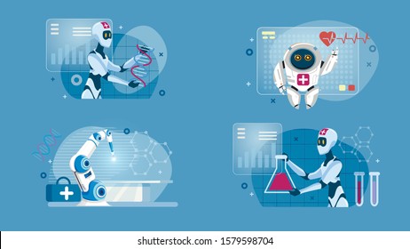 Smart Robotic Artificial Intelligence Medical Flat Set. Performing Surgery, Checking up Heartbeat and Conducting Laboratory DNA Tests. Future Medicine. AI Technology. Vector Cartoon Illustration