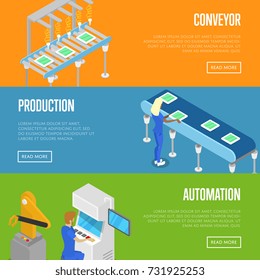 Smart robotic assembly line isometric 3D posters. Industrial goods production, mechanical conveyor with workers, manufacturing process. Factory automation, belt production line vector illustration.