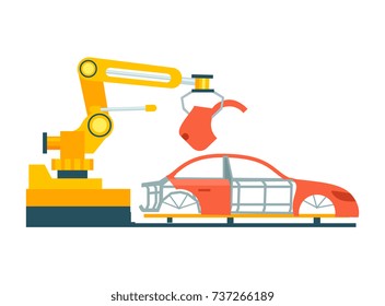 Smart robotic automobile production line. Modern engineering systems, automotive assembly line, car manufacturing process vector illustration.