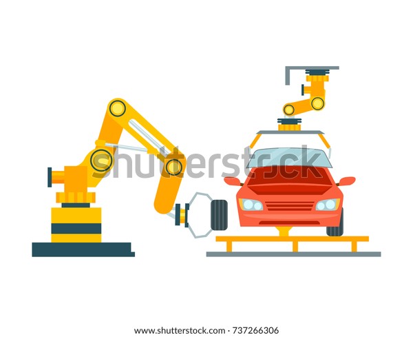 Smart robotic automotive assembly line.\
Modern engineering systems, automobile production line, car\
manufacturing process vector\
illustration.