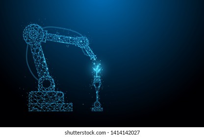 Smart robotic farmers technology. Robot spray chemical. lines, triangles and particle style design. Illustration vector