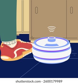 A smart robotic vacuum cleaner navigating around furniture with a sneaker-clad foot nearby