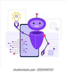 Smart robotic virtual assistant with artificial intelligence. User service bot, online client support. AI-powered search, automatic machinery  processes. Isolated vector illustration