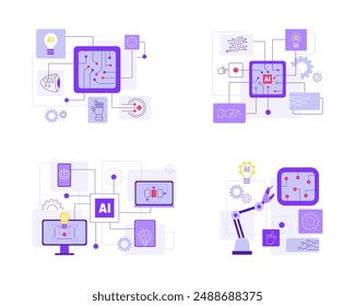 Smart robotics with artificial intelligence. AI-powered search, machine learning, digital technology, automatic machinery  processes. Robotic software testing, QA. Isolated vector illustration.