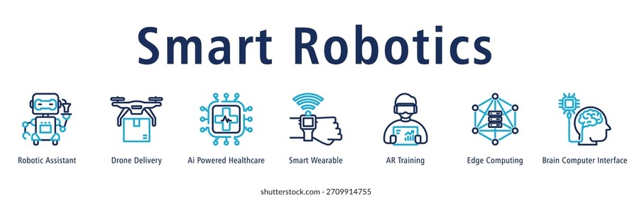 Concepto de Ilustración vectorial de ícono de Anuncio de Web de robótica inteligente con ícono de asistente robótico, entrega de drones, atención médica con IA, vestible inteligente, entrenamiento AR y computación de borde