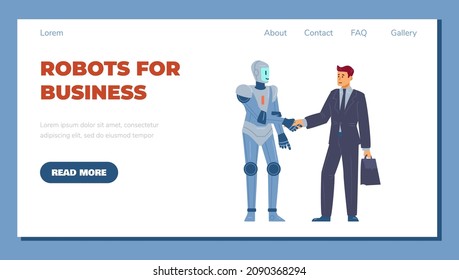 Smart robots for buiseness, handshake between android with artificial intelligence and businessman. Banner with concept of future technologies in ai in flat vector illustration isolated on white