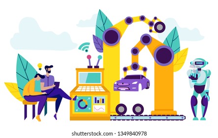 Smart Robots on Production Line For Car Assembly. People Control Production and Assembly Car, Performed by Robots and Machinery. Men at Factory Monitor Quality. Flat Vector Illustration Cartoon. 