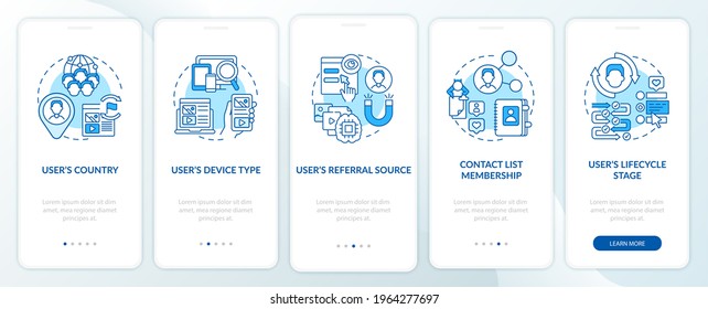 Smart rules criteria blue onboarding mobile app page screen with concepts. User information walkthrough 5 steps graphic instructions. UI, UX, GUI vector template with linear color illustrations