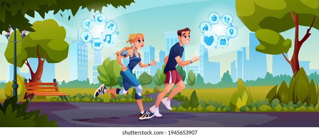 Smart run concept, man woman jogging in park, slimming people burning calories. Vector runners monitoring heart rate, steps and route, workout time with smart watch. Cityscape, green trees landscape