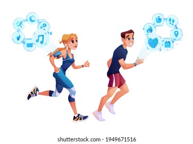 Smart run concept, man and woman jogging with smart watch health tracker application. Vector slimming people burning calories, monitoring heart rate, steps and route, workout time, listen to music