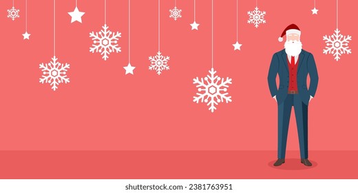 Smart Santa Claus character in blue suit, Christmas red background, For Christmas cards, banners, tags and labels. Merry Christmas and Happy New Year , Vector illustration