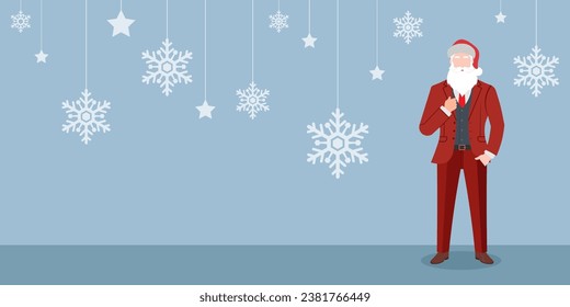 Smart Santa Claus character in red suit, Christmas blue background, For Christmas cards, banners, tags and labels. Merry Christmas and Happy New Year , Vector illustration