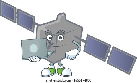 A smart satellite network mascot icon working with laptop