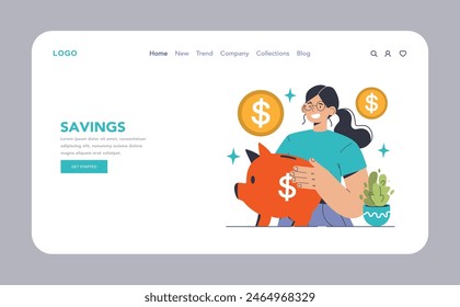 Smart Saving Strategy concept. Smiling woman nurturing her finances with a piggy bank, gold coins flourish. Wealth growth, secure savings. Flat vector illustration