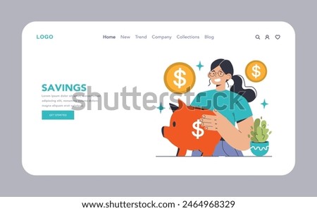 Smart Saving Strategy concept. Smiling woman nurturing her finances with a piggy bank, gold coins flourish. Wealth growth, secure savings. Flat vector illustration