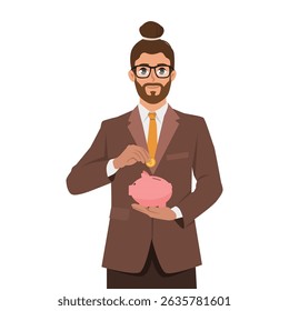 Smart Savings. Businessman Putting Coin into Piggy Bank. Flat Vector character illustration