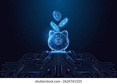 Economia inteligente e conceito de banco digital com brilhante piggy bank poligonal e moedas digitais conectadas à placa de circuito. Estilo de poli baixo futurista, ilustração vetorial abstrata.
