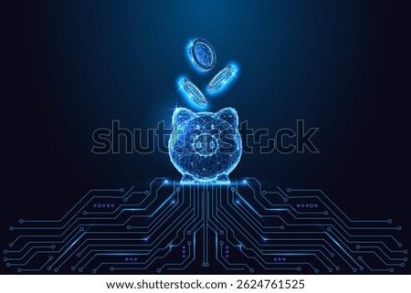 Smart savings and digital banking concept with glowing polygonal piggy bank and digital coins connected to circuit board. Futuristic low poly style, abstract vector illustration.