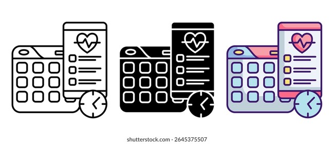 Smart scheduling icon represented by handphone, checklist, clock, calendar, heartbeat, Line, Filled, Color style.