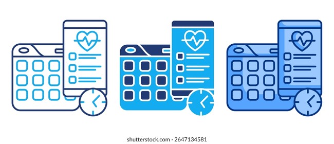 Smart scheduling icon represented by handphone, checklist, clock, calendar, heartbeat, Blue, Dualline, Dualtone style.
