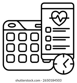 Smart scheduling icon represented by handphone, checklist, clock, calendar, heartbeat, Line style.