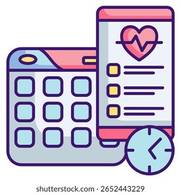 Smart scheduling icon represented by handphone, checklist, clock, calendar, heartbeat, Lineal Color style.