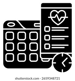 Smart Scheduling Symbol durch Handy, Checkliste, Uhr, Kalender, Herzschlag, Schwarz gefüllt Stil dargestellt.