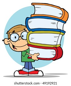 Smart School Boy Carrying A Stack Of Books