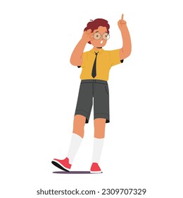 Smart School Boy With Glasses Confidently Points With His Finger, Showcasing His Intelligence And Curiosity. Schoolkid Character Having Idea or Insight. Cartoon People Vector Illustration