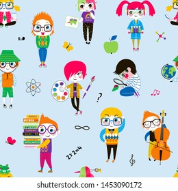 Smart school children flat vector seamless pattern. Clever boys and girls in glasses characters on white background. Schoolgirls and schoolboys backdrop. Wrapping paper, textile cartoon design