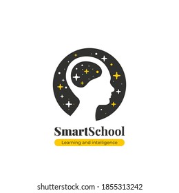 Smart School Logo Icon Design. Learning And Intelligence. The Concept Of Knowledge. The Human Brain, Reaching For The Stars. Children And Kid Education Logo Concept. Smart People With Creative Brain.