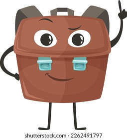 Smart school mascot. Cartoon leather backpack character