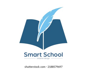 Smart school. An open book and a pen. Template for logo, sticker, brand label and creative solutions. An idea for websites and applications. Flat style.