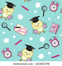 Smart school owl, books and alarm clock on blue background seamless pattern