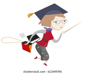 Smart school professor, holding pointing stick in one hand, file binder and opened handbag in another, in a hurry. Funny character.