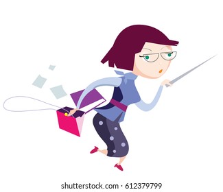 Smart school teacher, holding pointing stick in one hand, file binder and opened handbag in another, in a hurry. Funny character.