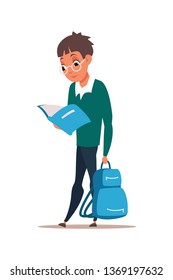 Smart schoolboy flat vector illustration. Schoolkid reading textbook, carrying backpack. Schoolchild cartoon character preparing for lesson, exam. Pupil going to school. Clever boy in glasses