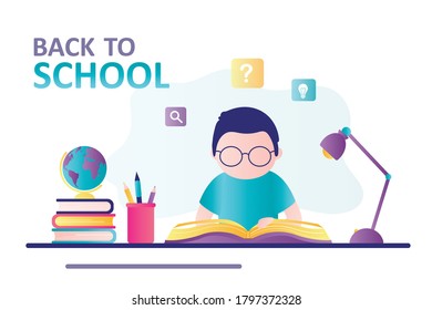 Smart schoolboy reading textbook. Boy student sits at workplace, child is doing homework. Concept of back to school, education. Stationery, books and supplies on table. Flat design vector illustration