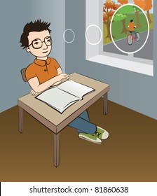 smart schoolboy is sitting at the desk and thinking about summer