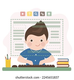 Un escolar inteligente usa una computadora. Buscar información en Internet. Un pequeño estudiante está estudiando el uso de la informática y la tecnología en línea. Niño caucásico en el lugar de trabajo, vista de cerca. Ilustración vectorial plana