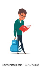 Smart schoolboy vector illustration. Schoolkid in glasses reading textbook, carrying backpack. Schoolchild cartoon character preparing for lesson, exam. Pupil going to school. Nerd isolated clipart