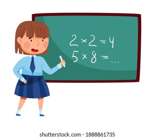 Smart Schoolgirl in Blue Uniform Standing at Chalkboard and Doing Sum Up Vector Illustration