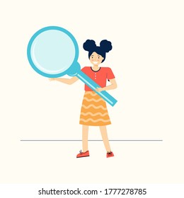 Smart schoolgirl holds a large magnifying glass. Inquisitive teenage girl explores and studies the world around her. Funny children cartoon character. Back to school. Modern flat vector illustration