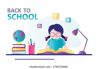 Smart schoolgirl reading textbook. Cute girl sits at workplace, child is doing homework. Concept of back to school, education. Stationery, books and supplies on table. Flat design vector illustration