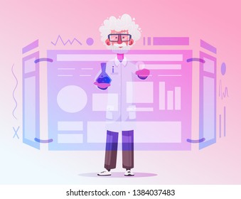Smart scientist character. Cartoon vector illustration. Doctor is researching or doing an experiment on a screen. Science and technology concept