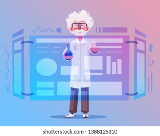 Smart scientist character. Cartoon vector illustration. Doctor is researching or doing an experiment on a screen. Science and technology concept