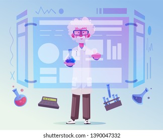 Smart scientist character. Cartoon vector illustration. Doctor is researching or doing an experiment on a screen. Science and technology concept