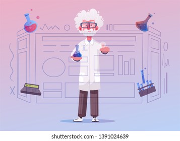 Smart scientist character. Cartoon vector illustration. Doctor is researching or doing an experiment on a screen. Science and technology concept